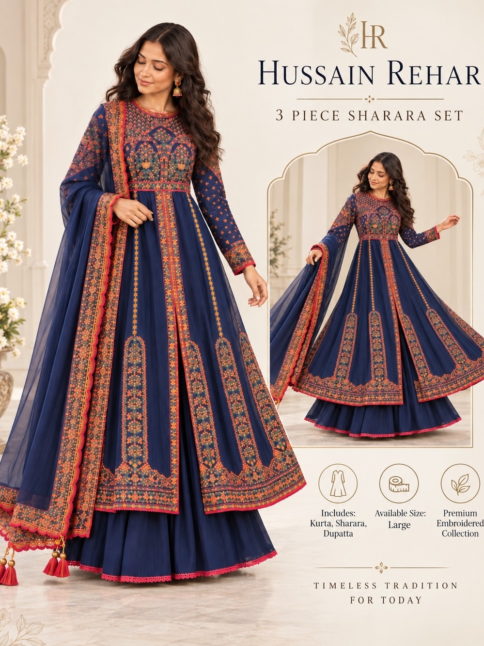 Hussain Rehar Navy Embroidered 3-Piece Sharara Set – Size Large